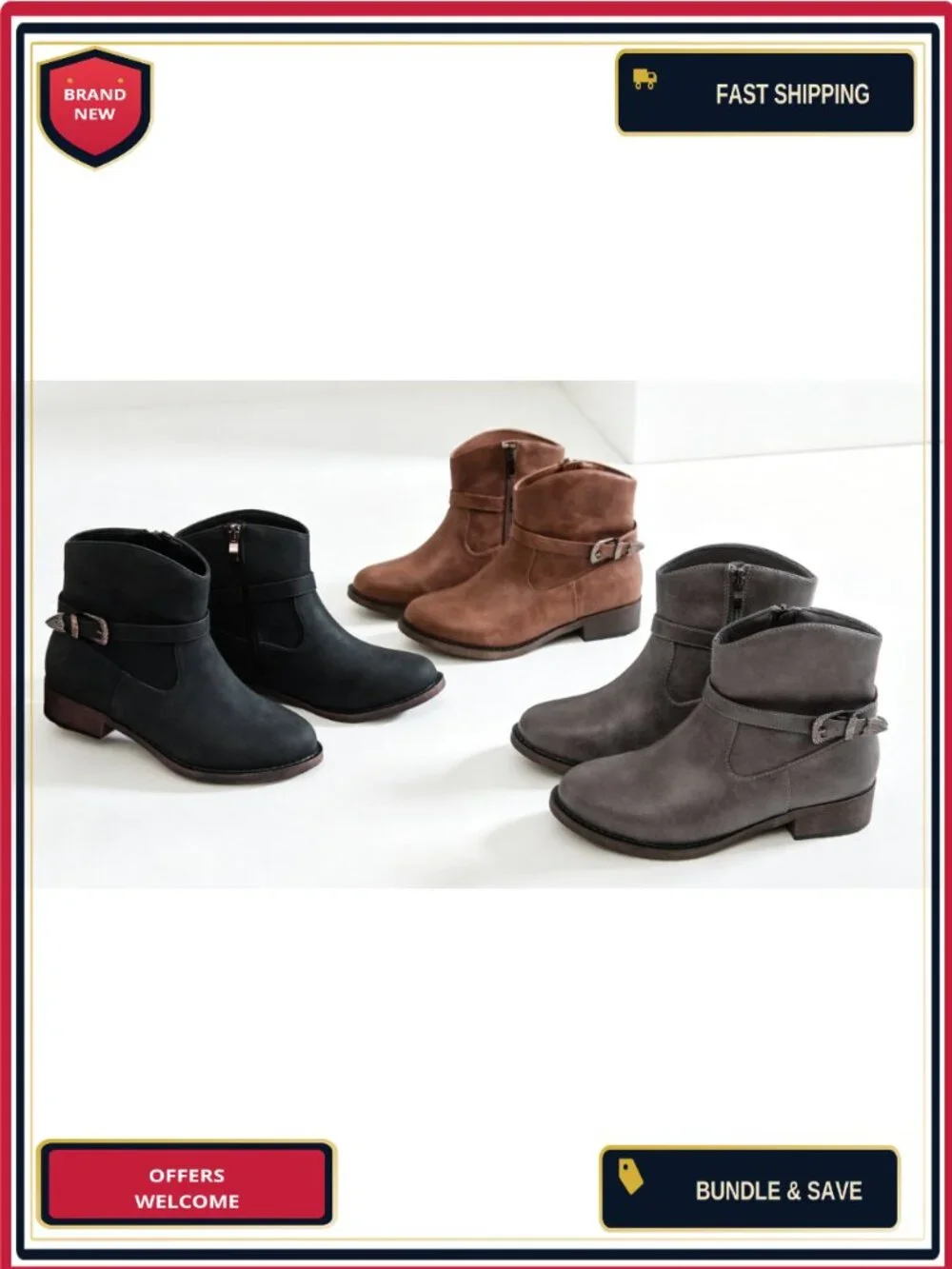 Womens Western Ankle Boots Low Chunky Heel Faux Leather Side Zipper